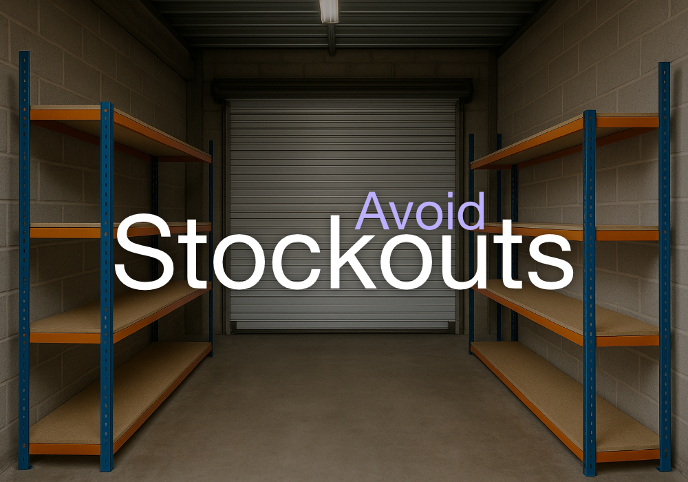 An empty warehouse with the words of the words avoid stockouts overlaying