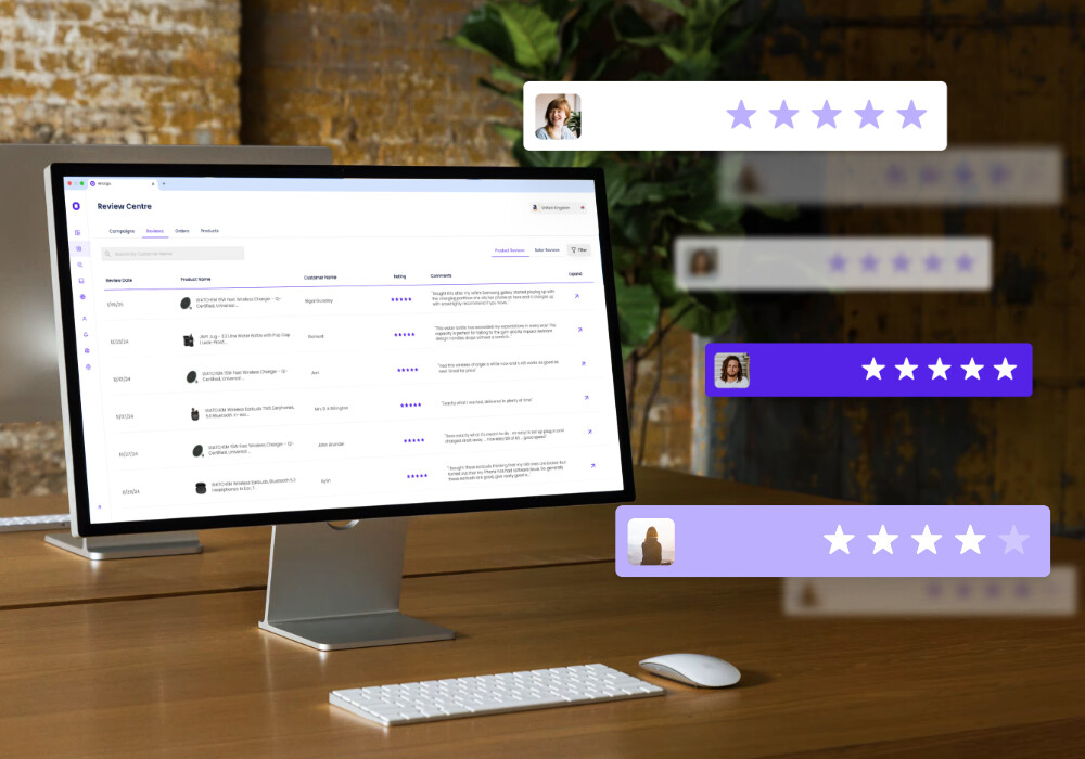 Amzigo review centre  on a computer with hovering reviews