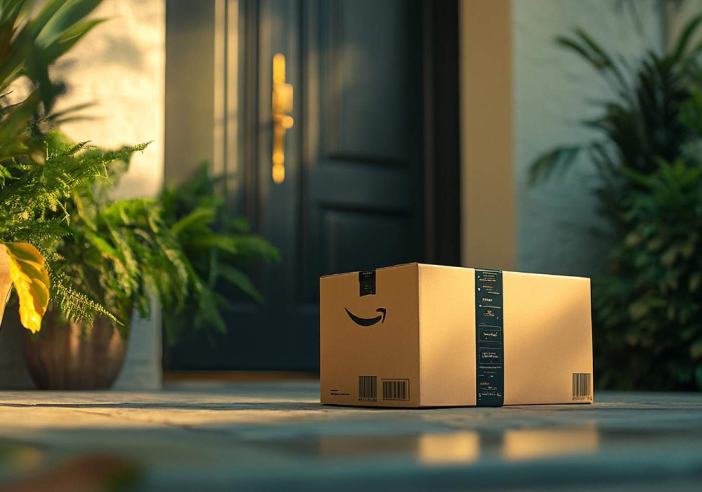 Amazon package delivered at a front door with plants in the background.