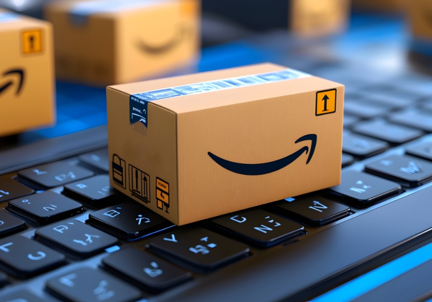 Small Amazon package placed on a computer keyboard.