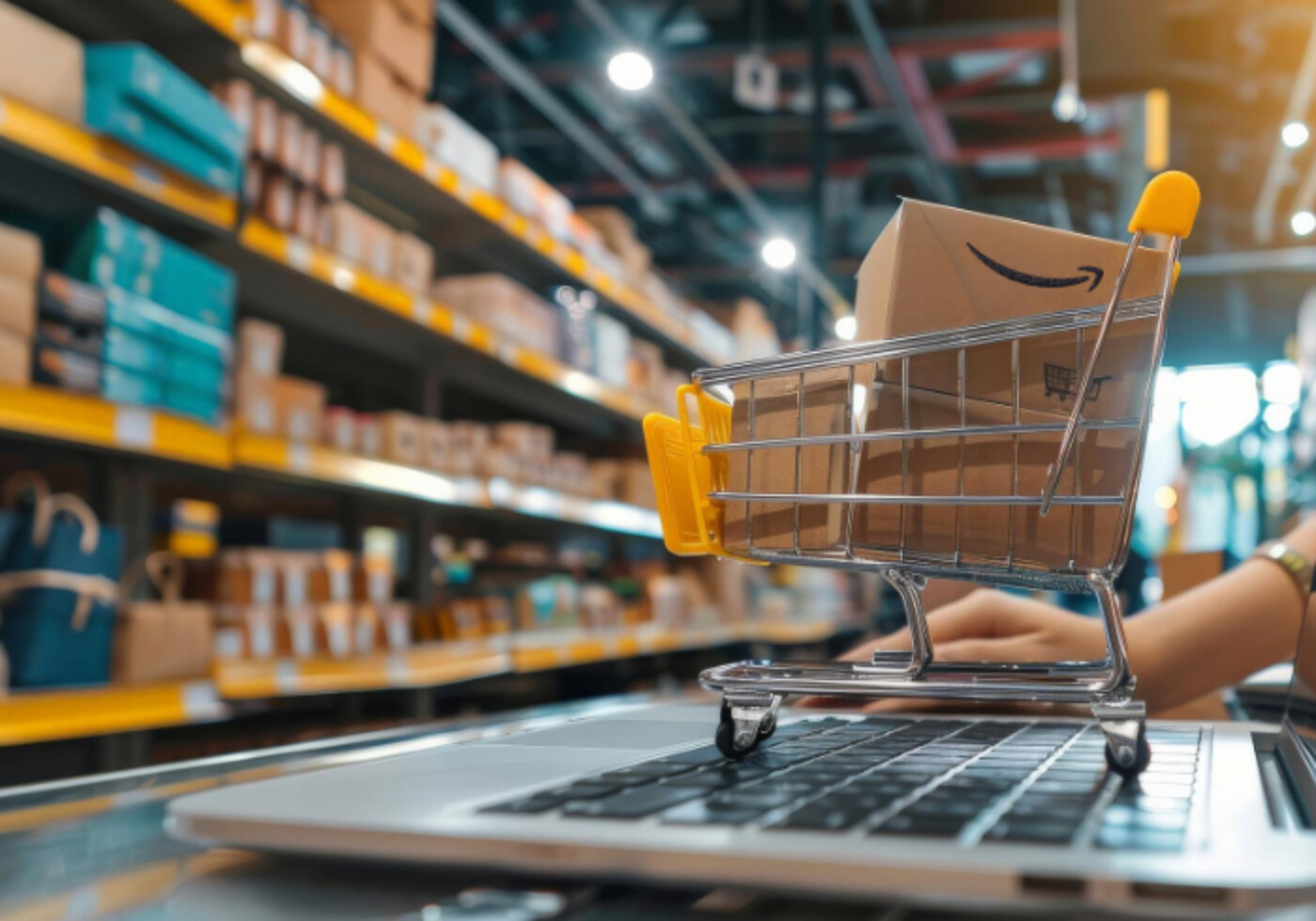 Mini shopping cart with an Amazon package placed on a laptop keyboard in a warehouse setting