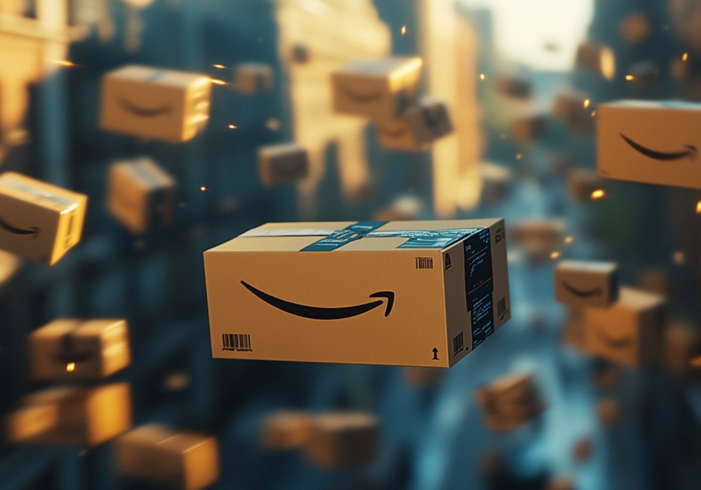 Amazon packages floating in the air above a blurred city background