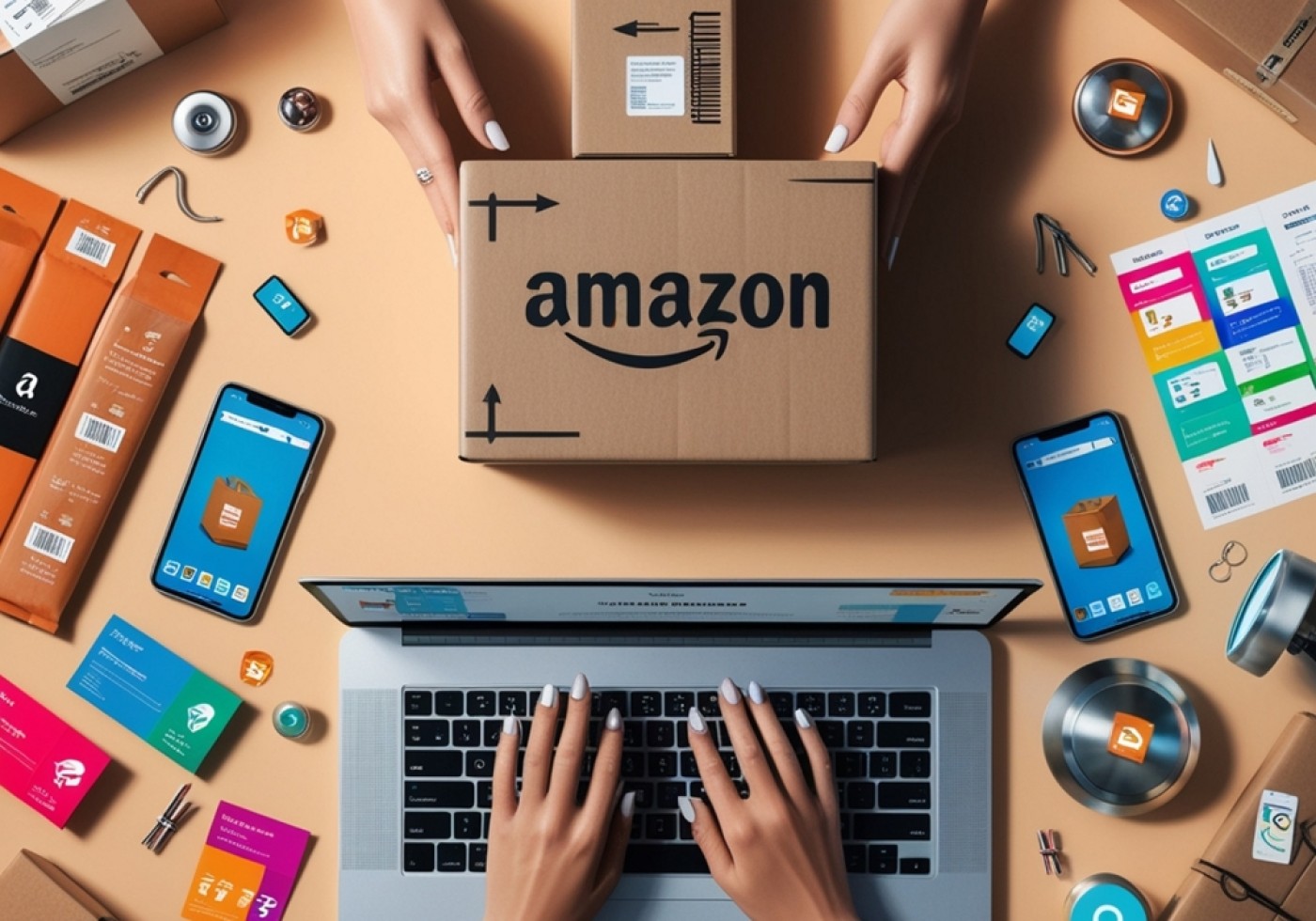 Hands holding an Amazon package above a laptop surrounded by smartphones and shipping supplies