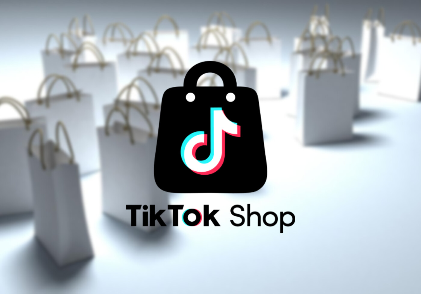 TikTok Shop logo with shopping bags in the background.