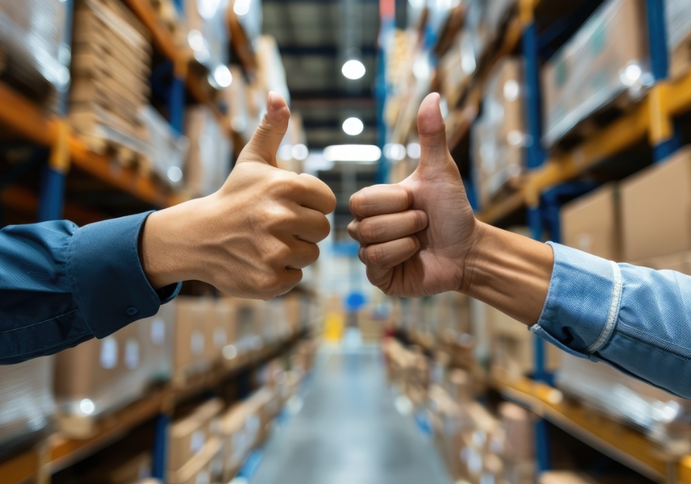 Two hands giving thumbs up in a warehouse aisle
