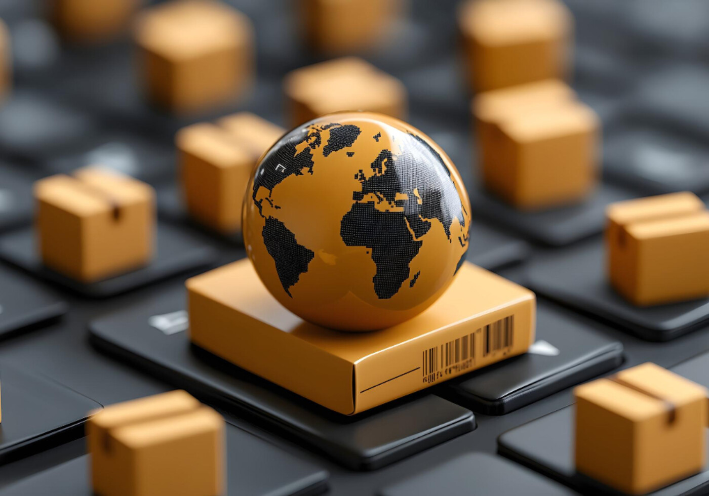 Global e-commerce growth represented by a globe on a package among shipping boxes on a keyboard.