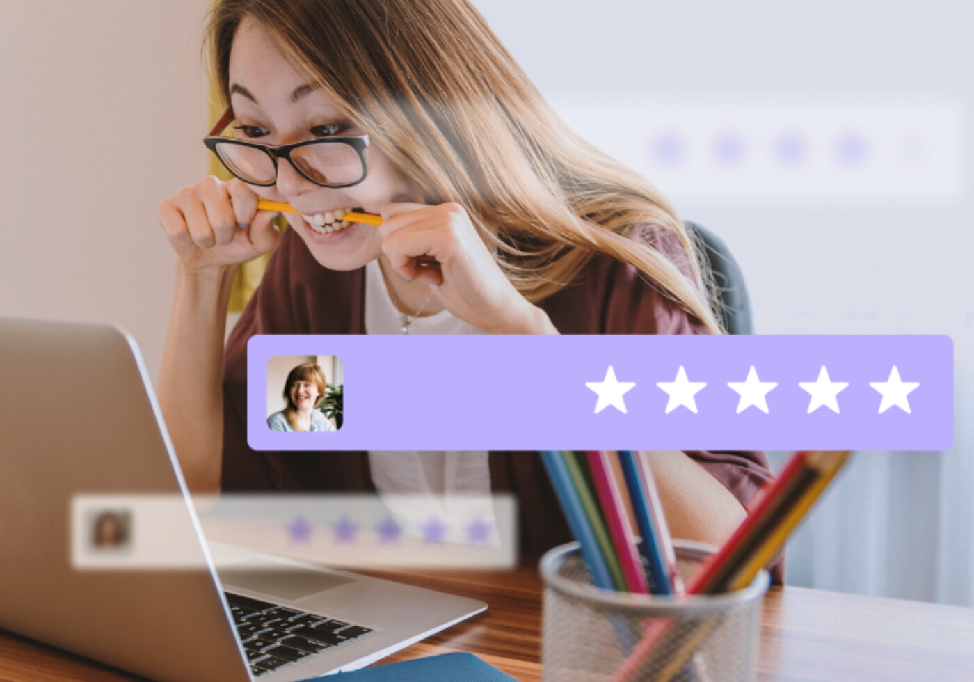 Woman on laptop with hovering reviews from customers