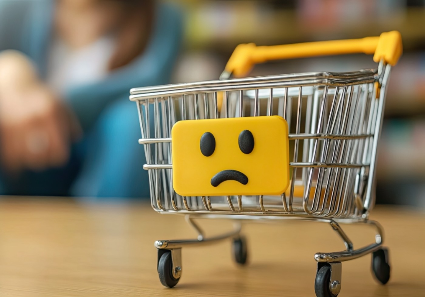 Mini shopping cart with a sad face symbol on it