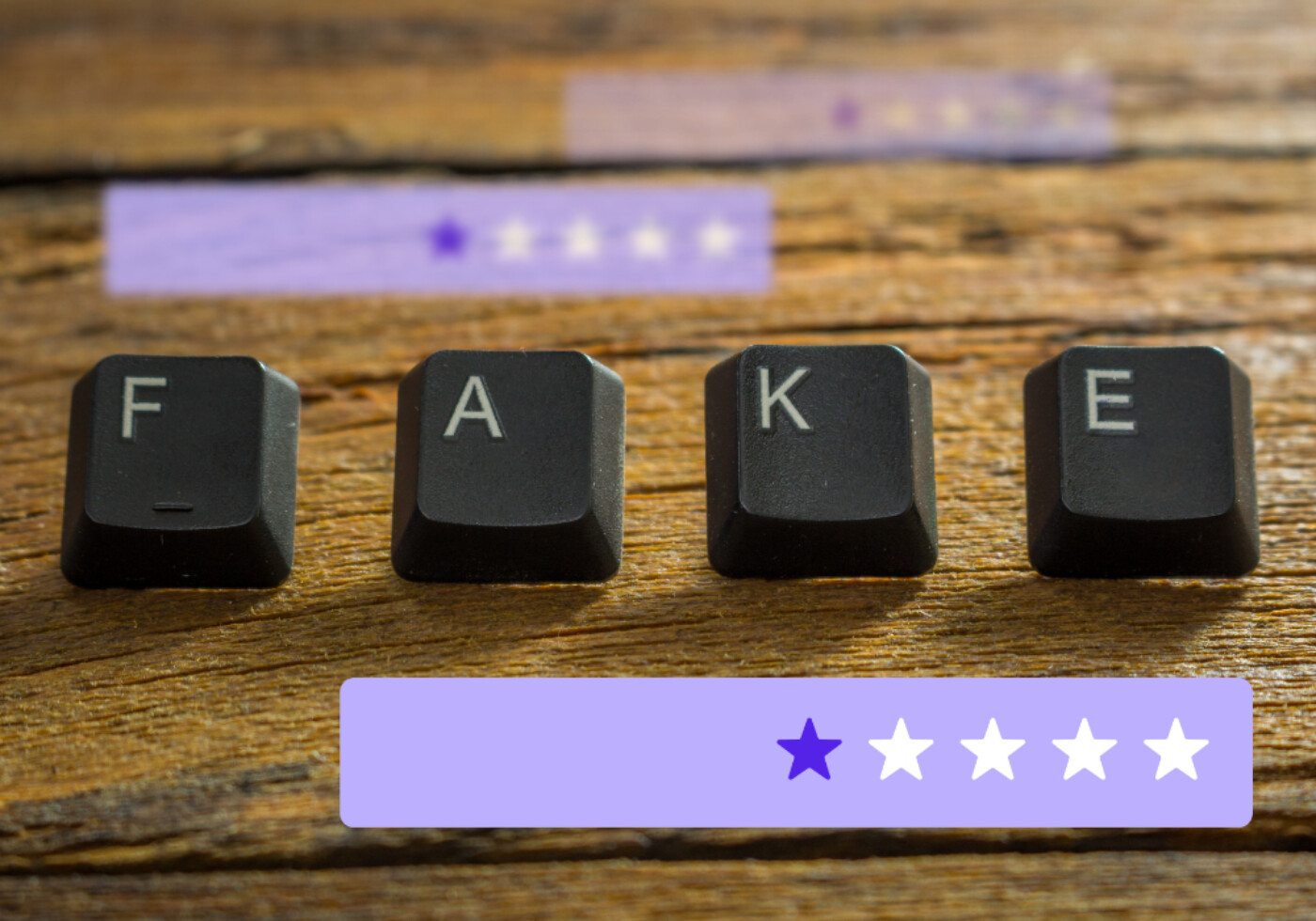 The word fake written in keyboard keys with one star reviews hovering over