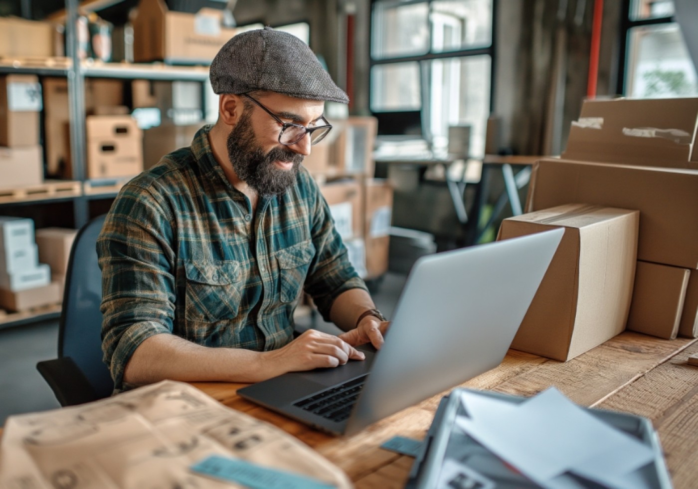 Man using a laptop at a desk surrounded by packages in a warehouse