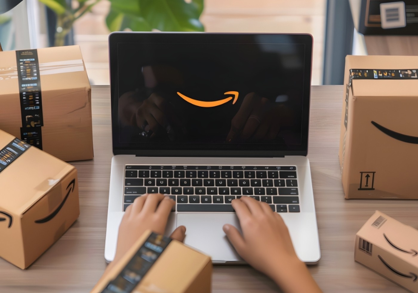Person browsing Amazon on a laptop with packages around.