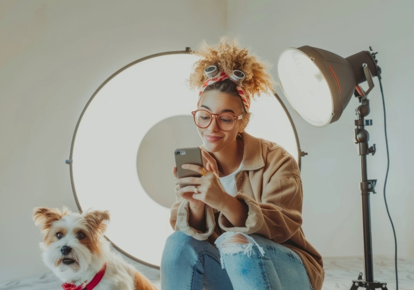 Woman with dog preparing for a photo shoot.