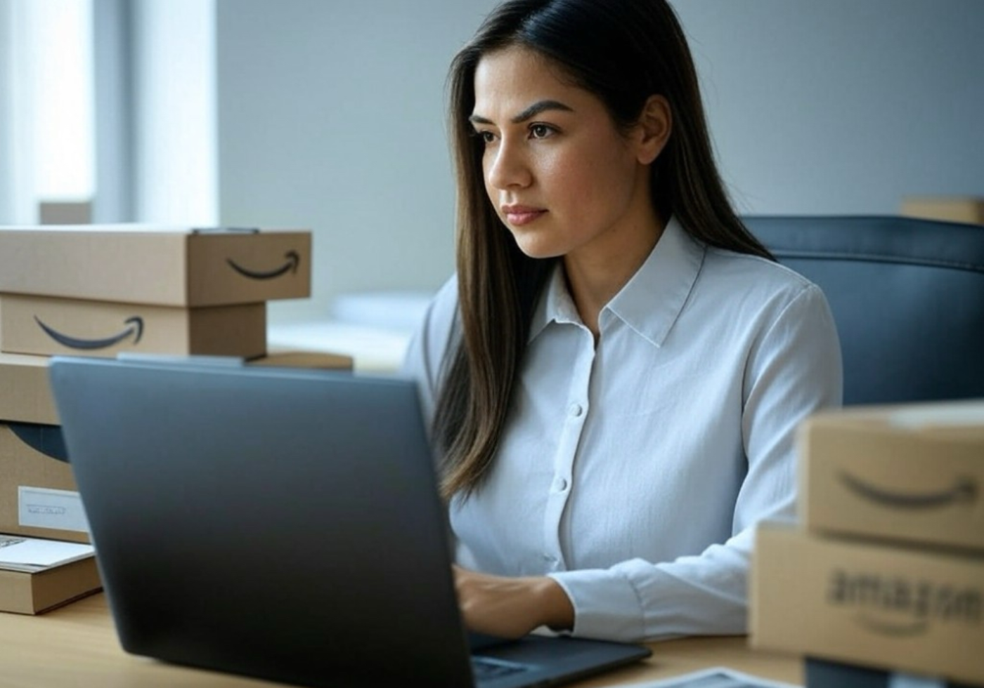 Female sitting at a laptop, surrounded by Amazon boxes