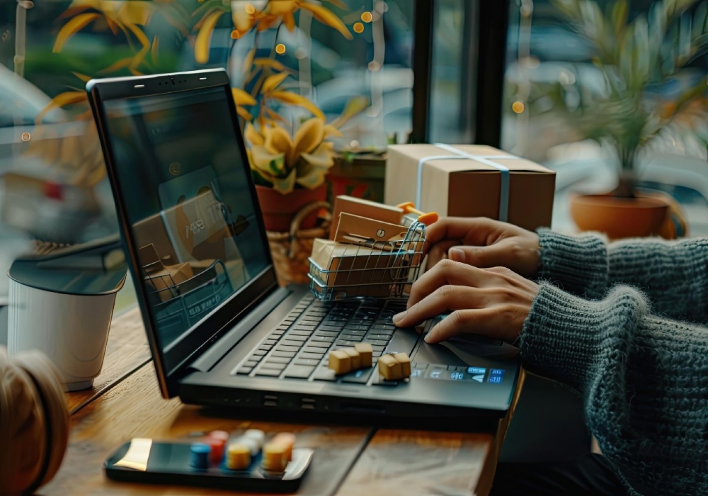 Hands on laptop keyboard, shopping cart with small boxes on desk in cozy