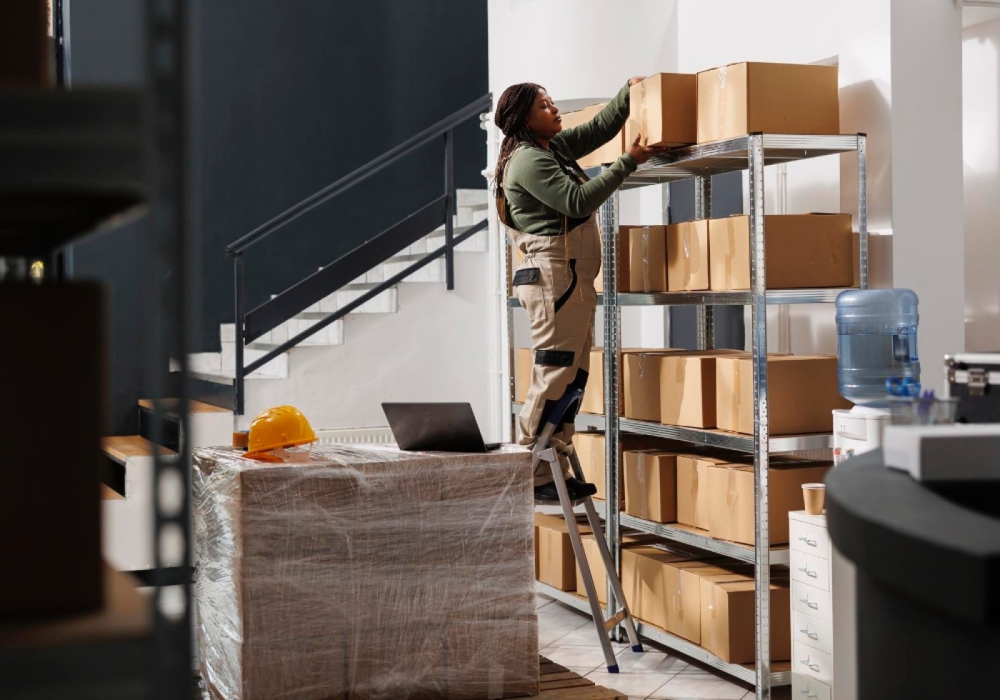 Warehouse worker placing boxes on a high shelf using a ladder.