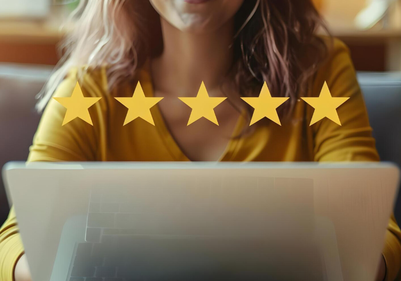Person with laptop and five-star rating overlay, symbolizing positive reviews.