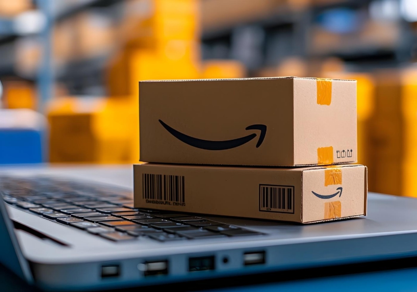 Amazon boxes placed on a laptop keyboard in a warehouse setting.