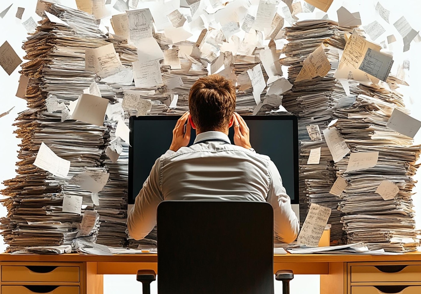 Overwhelmed office worker surrounded by piles of paperwork at a cluttered desk.