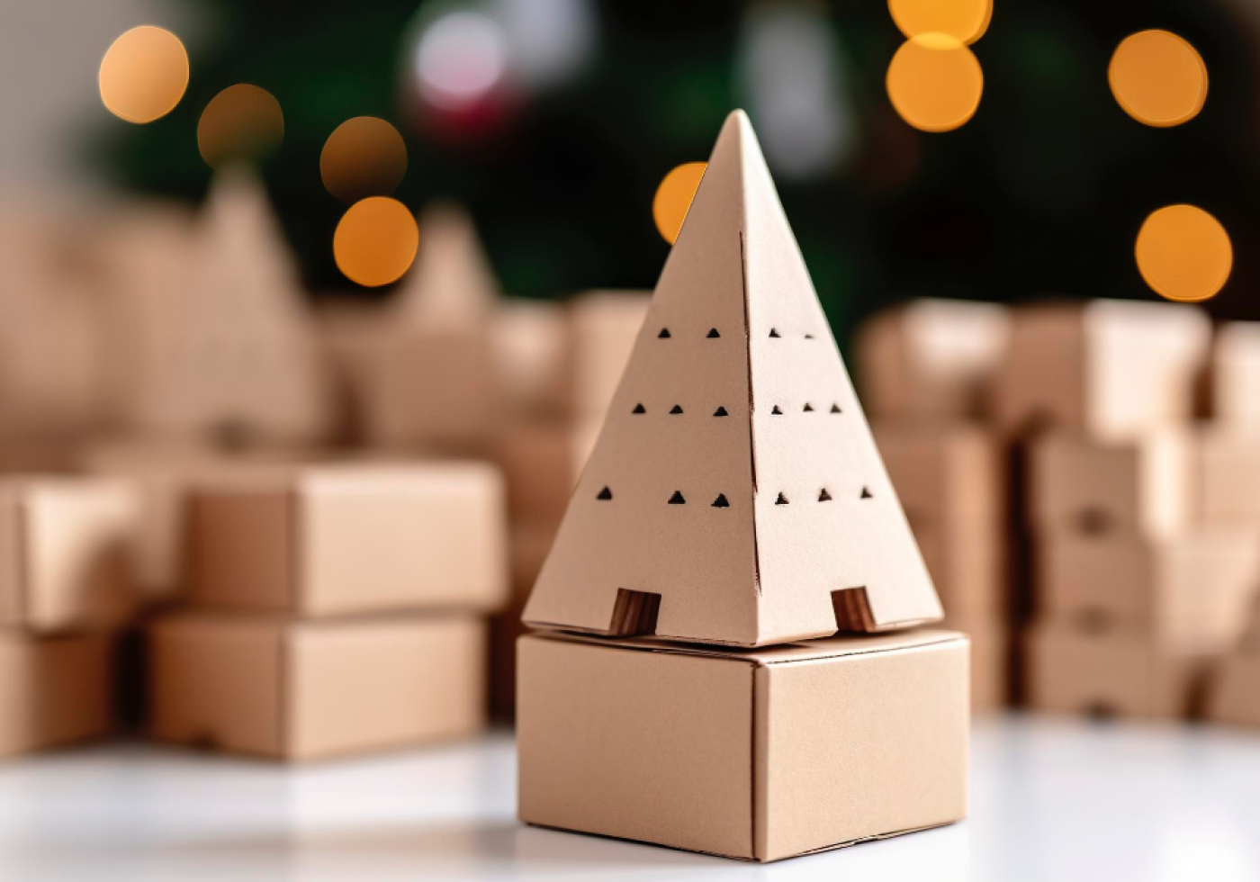 Cardboard Christmas tree decoration with holiday lights in the background.