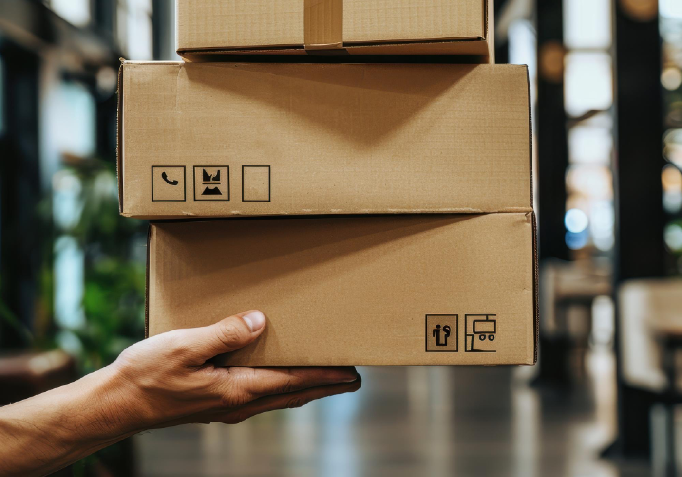 Hand holding stacked cardboard boxes with shipping symbols.