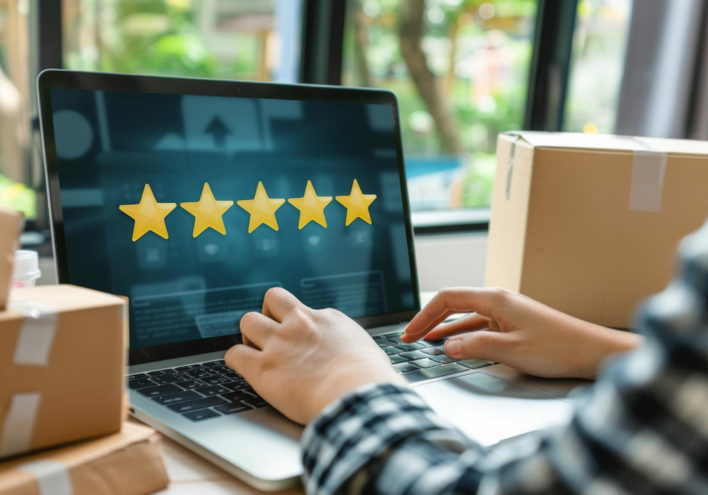 Laptop displaying a five-star rating with shipping boxes nearby.