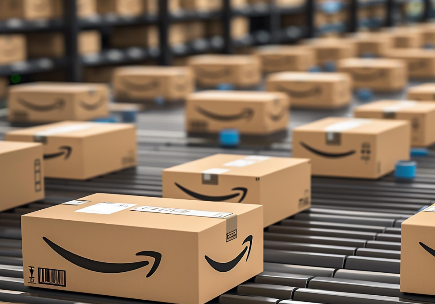 Amazon packages moving on a conveyor belt in a fulfillment center.