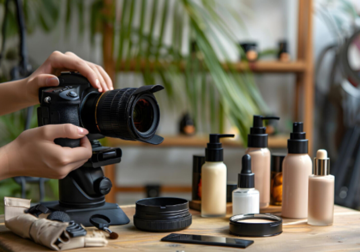 Photographer setting up a camera to shoot skincare products on a table.