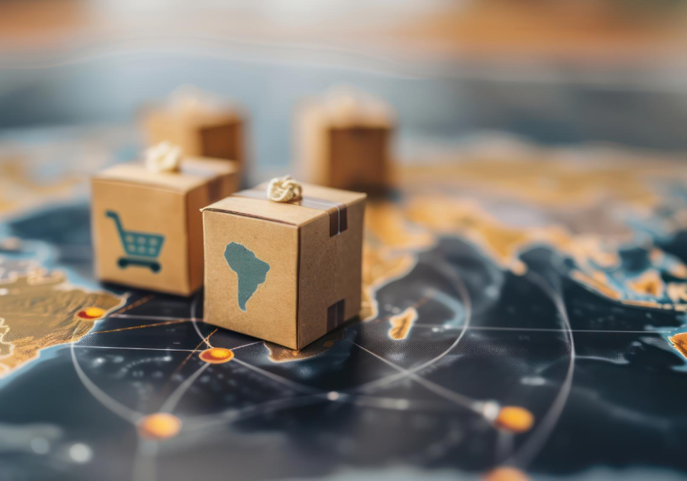 Shipping boxes on a world map representing global e-commerce.