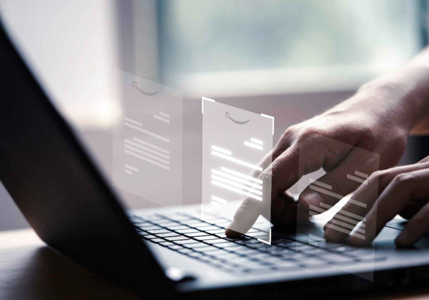 Person typing on a laptop with digital document icons hovering above the keyboard