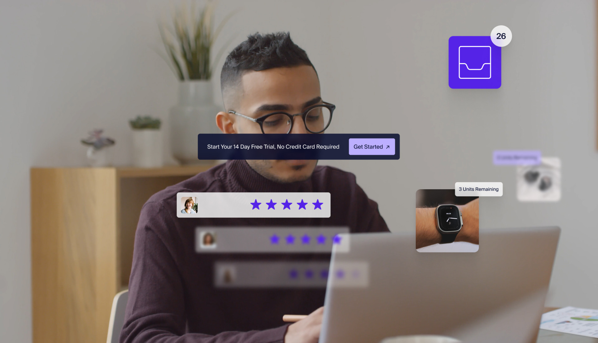 Man working on a laptop with digital overlays displaying reviews, notifications, and a trial prompt