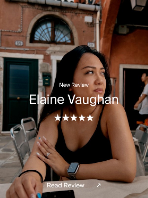 Woman sitting outdoors with text overlay showing 'New Review' and a five-star rating