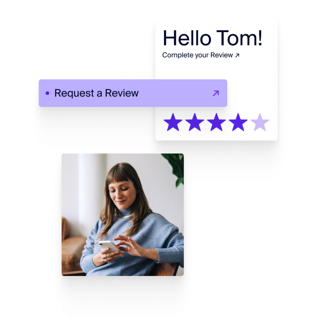 Amzigo review request with star rating and user on mobile device.