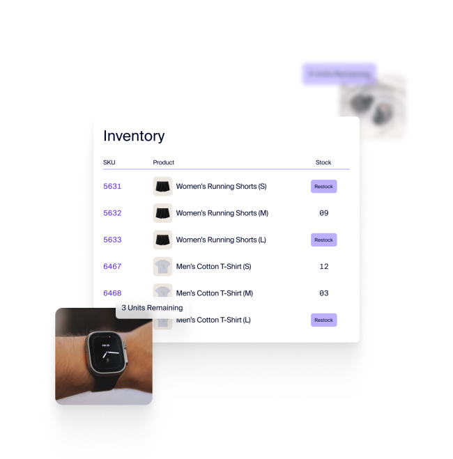 Amzigo inventory dashboard displaying stock levels for shorts and T-shirts, with low-stock alerts.